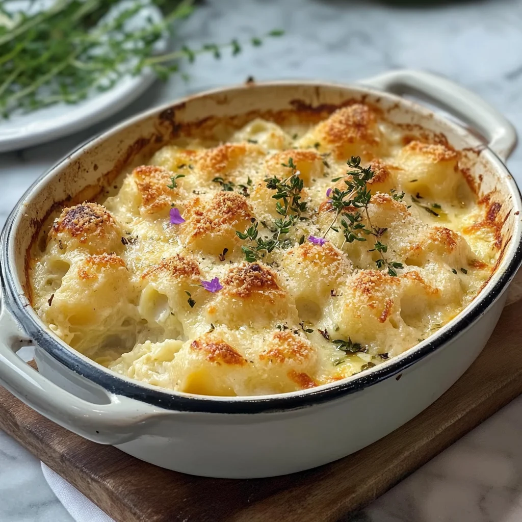 Assiette servie de gratin de choufleur fondant au fromage.
