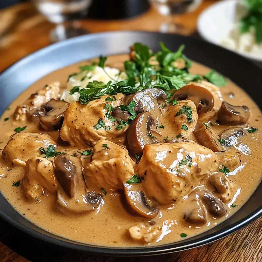 Assiette de poulet stroganoff aux champignons crémée avec riz basmati servi chaud.
