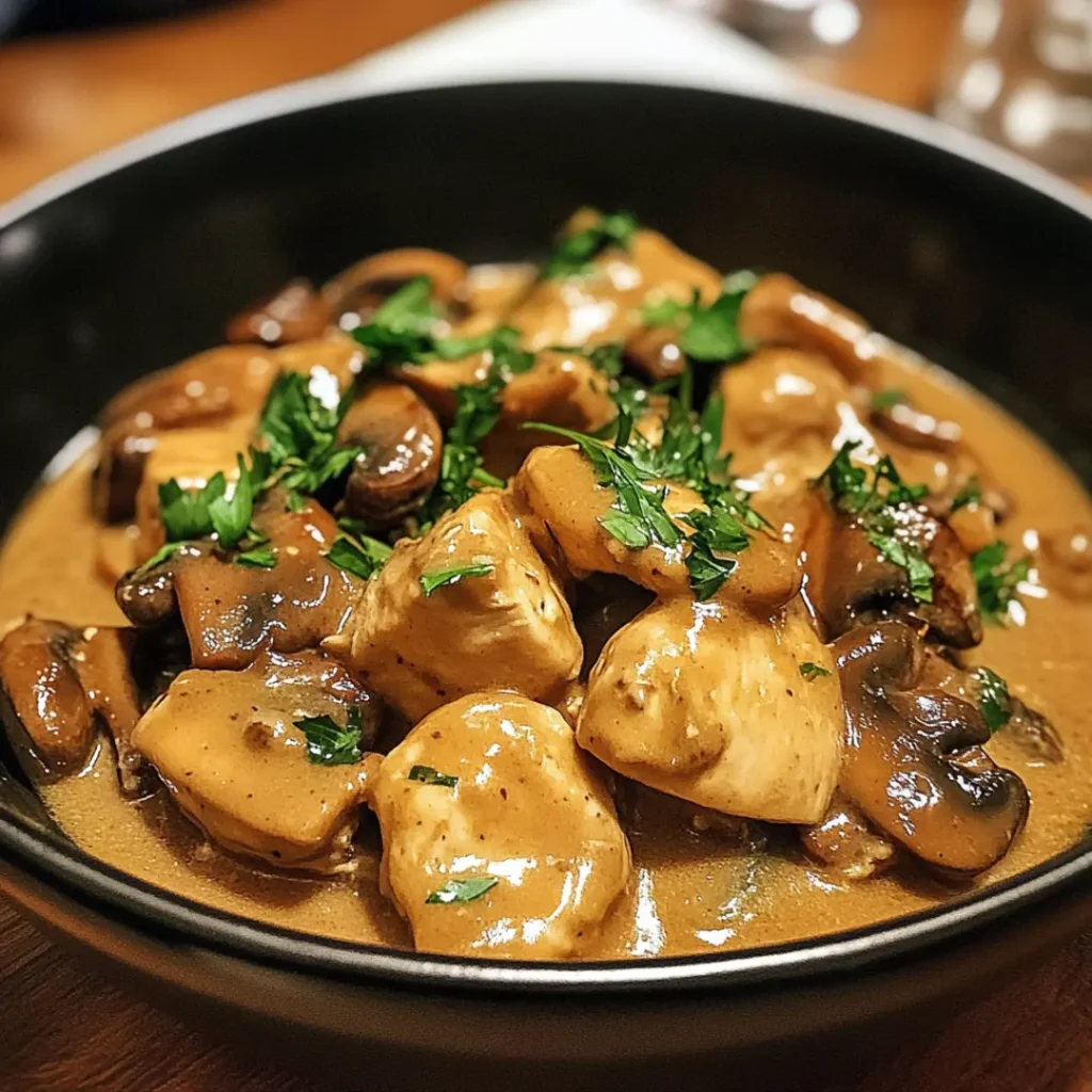Gros plan sur un délicieux poulet stroganoff aux champignons avec sauce onctueuse et herbes fraîches.