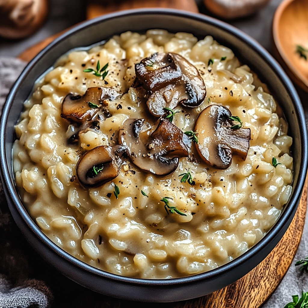 Assiette de recette risotto champignon crémeux.