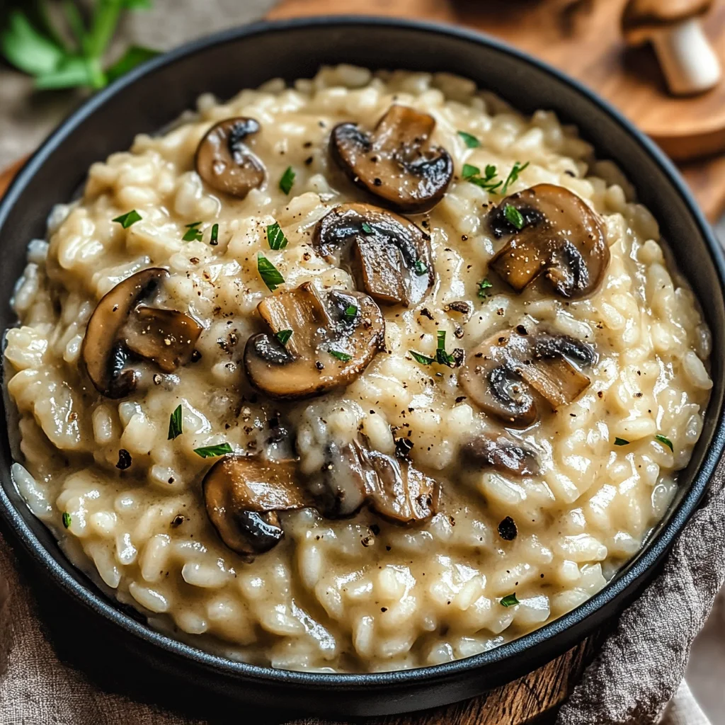Zoom sur un recette risotto champignon servi chaud.