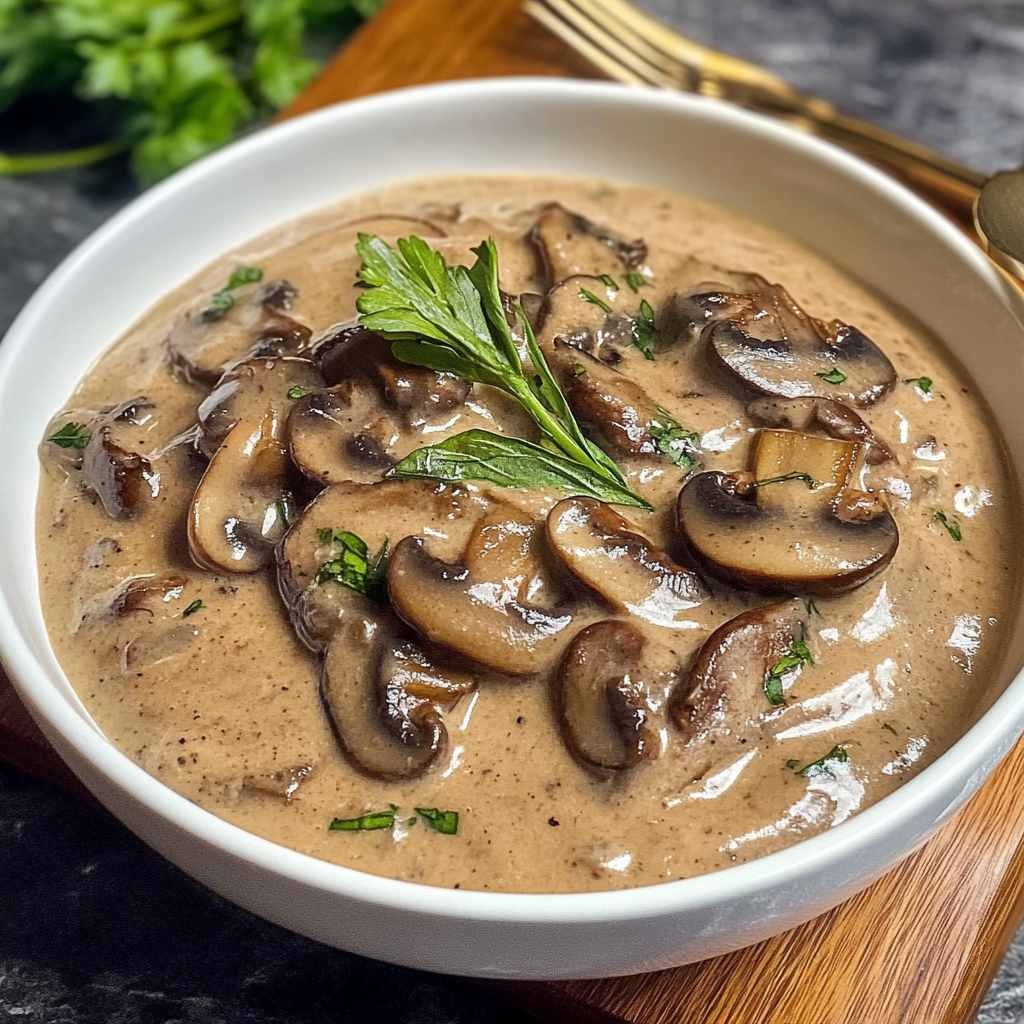 Sauce champignon maison avec morceaux de champignons frais.