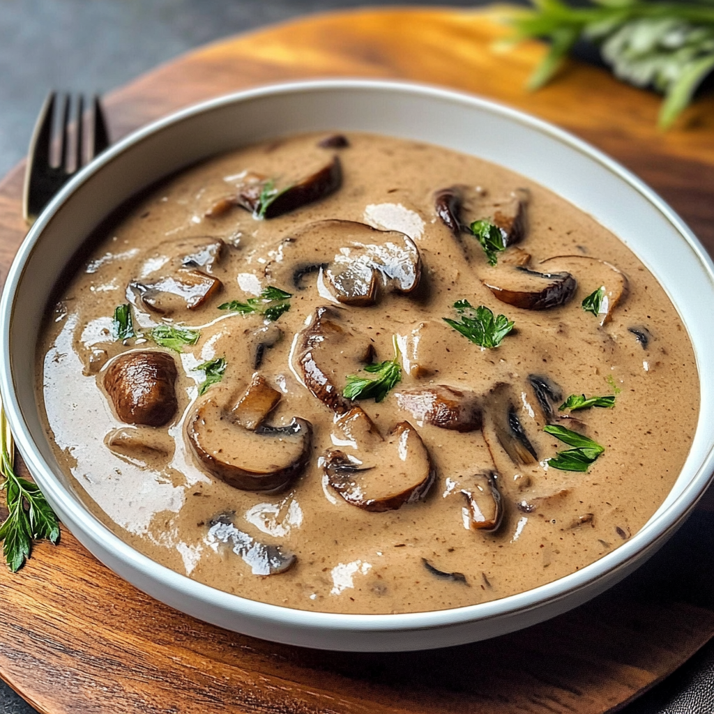 Sauce champignon crémeuse servie sur des pâtes.